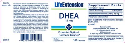 Photo of the Life Extension DHEA 15 mg label