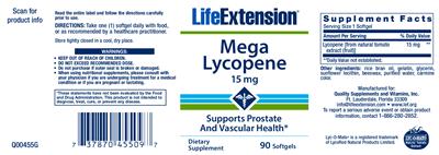 Photo of the Life Extension Mega Lycopene 15 mg label