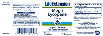 Photo of the Life Extension Mega Lycopene 15 mg label