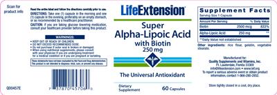 Photo of the Life Extension Super Alpha-Lipoic Acid With Biotin 250 mg label