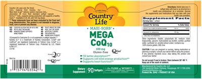Photo of the Country Life Mega CoQ10 100 mg label