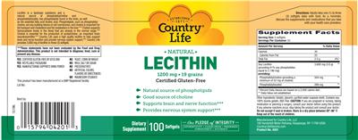 Photo of the Country Life Natural Lecithin 1200 mg label