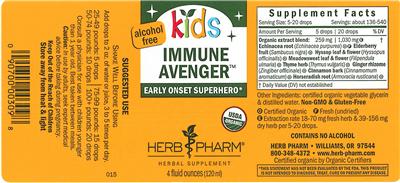 Photo of the Herb Pharm Kids Immune Avenger Alcohol Free label