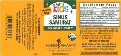 Photo of the Herb Pharm Kids Sinus Samurai Alcohol Free label