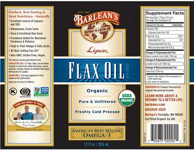 Photo of the Barlean's Lignan Flax Oil label