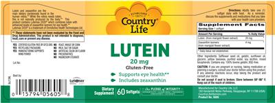 Photo of the Country Life Lutein 20 mg label
