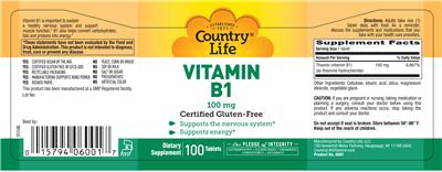 Photo of the Country Life Vitamin B1 100 mg label