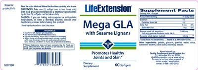 Photo of the Life Extension Mega GLA With Sesame Lignans label