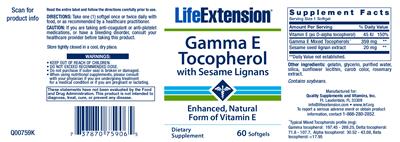 Photo of the Life Extension Gamma E Tocopherol With Sesame Lignans label