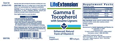 Photo of the Life Extension Gamma E Tocopherol With Sesame Lignans label
