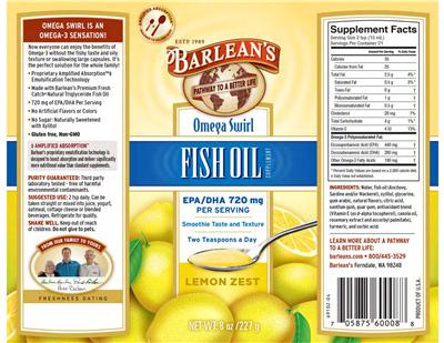 Photo of the Barlean's Omega Swil Fish Oil Lemon Zest label