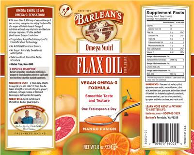 Photo of the Barlean's Omega Swirl Flax Oil Mango Fusion label