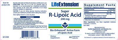 Photo of the Life Extension Super R-Lipoic Acid 240 mg label
