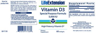 Photo of the Life Extension Vitamin D3 5,000 IU label