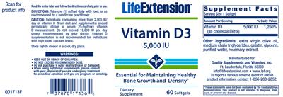 Photo of the Life Extension Vitamin D3 5,000 IU label