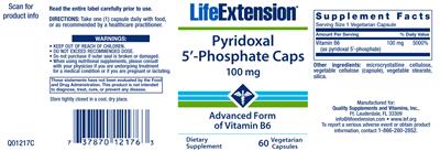 Photo of the Life Extension Pyridoxal 5'-Phosphate Caps 100 mg label