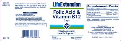 Photo of the Life Extension Folic Acid & Vitamin B12 Caps label