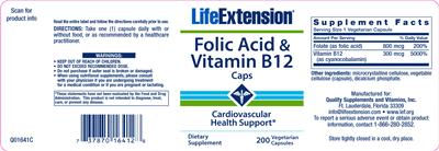 Photo of the Life Extension Folic Acid & Vitamin B12 Caps label