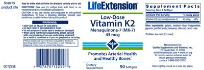 Photo of the Life Extension Low-Dose Vitamin K2 45 mcg label