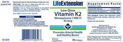Photo of the Life Extension Low-Dose Vitamin K2 45 mcg label