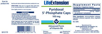 Photo of the Life Extension Pyridoxal 5'-Phosphate Caps 100 mg label