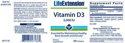 Photo of the Life Extension Vitamin D3 5,000 IU label