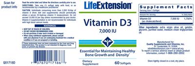Photo of the Life Extension Vitamin D3 7,000 IU label