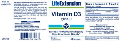 Photo of the Life Extension Vitamin D3 7,000 IU label