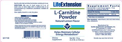 Photo of the Life Extension L-Carnitine Powder Natural Lemon Flavor label