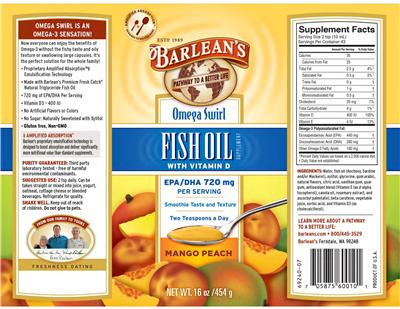 Photo of the Barlean's Omega Swirl Fish Oil Mango Peach label