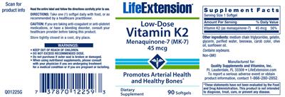 Photo of the Life Extension Low-Dose Vitamin K2 45 mcg label