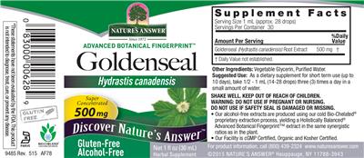 Photo of the Nature's Answer Goldenseal 500 mg Alcohol-Free label
