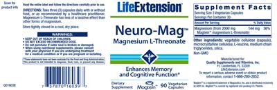 Photo of the Life Extension Neuro-Mag Magnesium L-Threonate label
