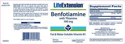 Photo of the Life Extension Benfotiamine With Thiamine 100 mg label