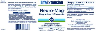Photo of the Life Extension Neuro-Mag Magnesium L-Threonate label