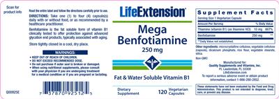 Photo of the Life Extension Mega Benfotiamine 250 mg label