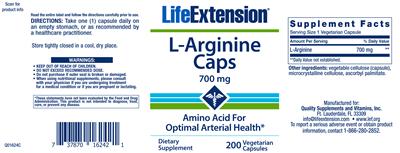 Photo of the Life Extension L-Arginine Caps 700 mg label