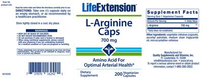 Photo of the Life Extension L-Arginine Caps 700 mg label