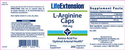 Photo of the Life Extension L-Arginine Caps 700 mg label