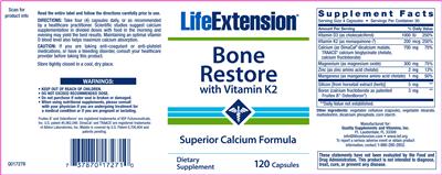 Photo of the Life Extension Bone Restore with Vitamin K2 label