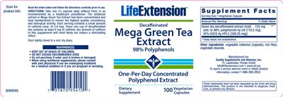 Photo of the Life Extension Decaffeinated Mega Green Tea Extract label