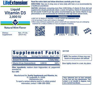 Photo of the Life Extension Liquid Vitamin D3 2,000 IU Natural Mint Flavor label