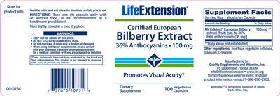 Photo of the Life Extension Certified European Bilberry Extract label