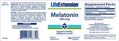 Photo of the Life Extension Melatonin 500 mcg label