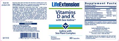Photo of the Life Extension Vitamins D and K with Sea-Iodine label