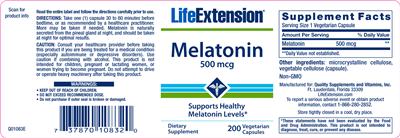 Photo of the Life Extension Melatonin 500 mcg label
