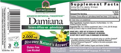 Photo of the Nature's Answer Damiana 2,000 mg label