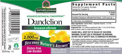 Photo of the Nature's Answer Dandelion 2,000 mg label