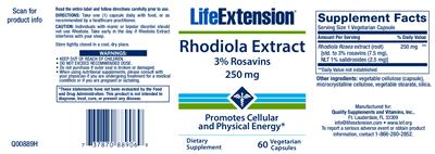 Photo of the Life Extension Rhodiola Extract 250 mg label