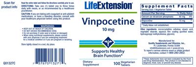 Photo of the Life Extension Vinpocetine 10 mg label